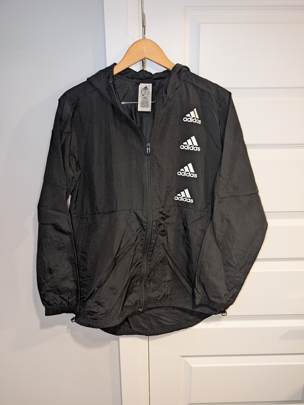 adidas Black Hooded Windbreaker Jacket with Stacked Logos